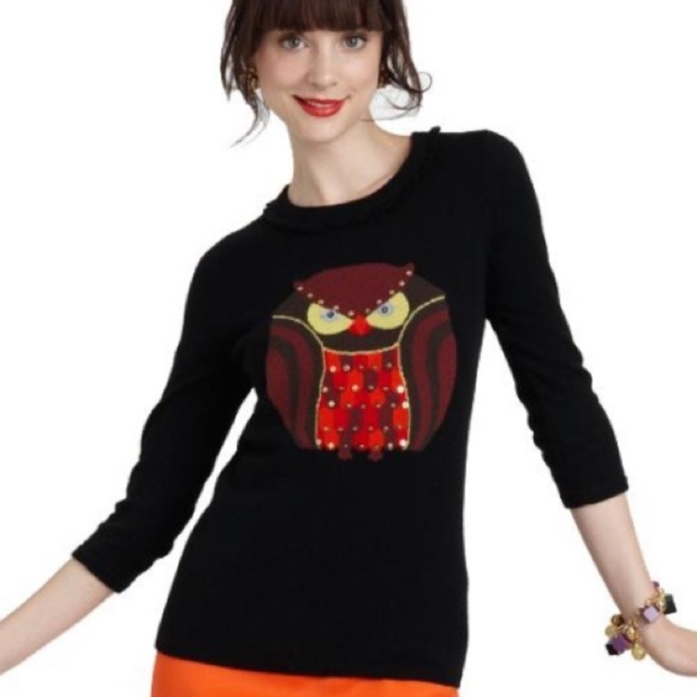 KATE SPADE Beacon Hill Red and Black Owl Graphic Sweater
